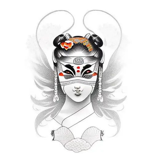 Geisha With Mask And Koi Fish