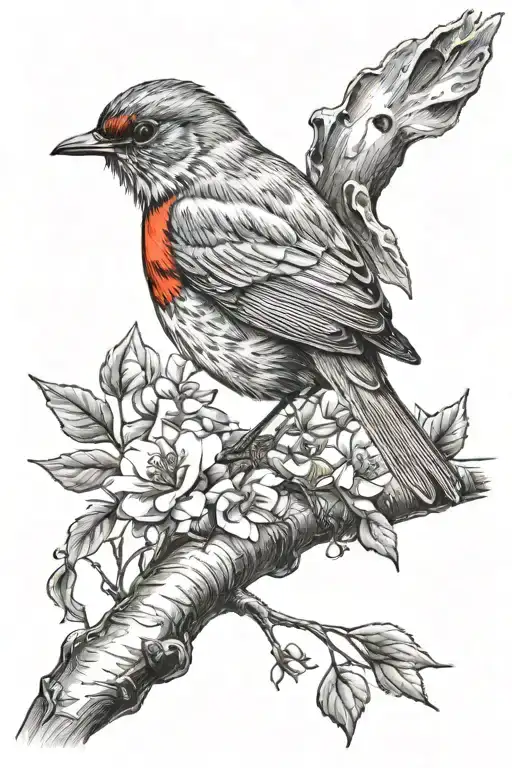 Large Robin Black And White With Red On The Belly With 2 Singing Birds Above
