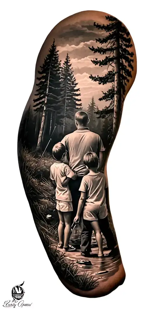 Northeastern Forest And Golf And Father And Kids