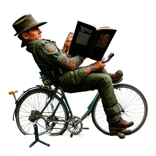 A Realistic Portrait Of A Veteran Reading A Book While Surrounded By Bicycles And Tools
