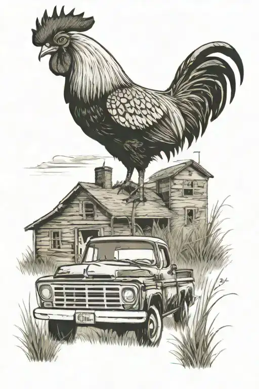 Old School Pickup Truck Parked In A Dead Grassy Feild With A Rooster Standing On The Hood