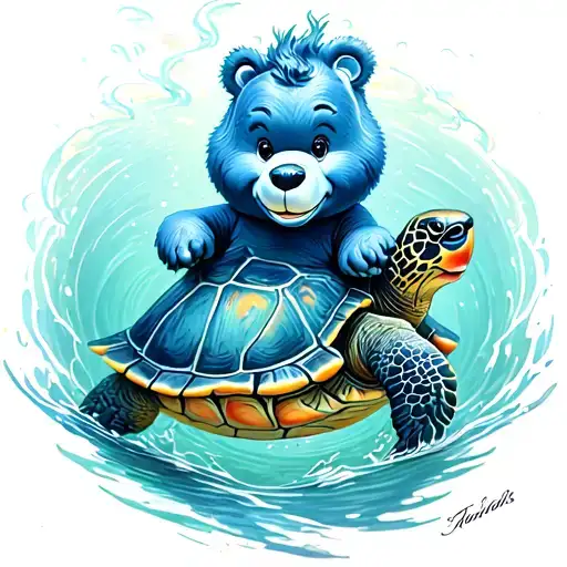 Carebear Riding Turtle Swimming Gracefully In The Deep
