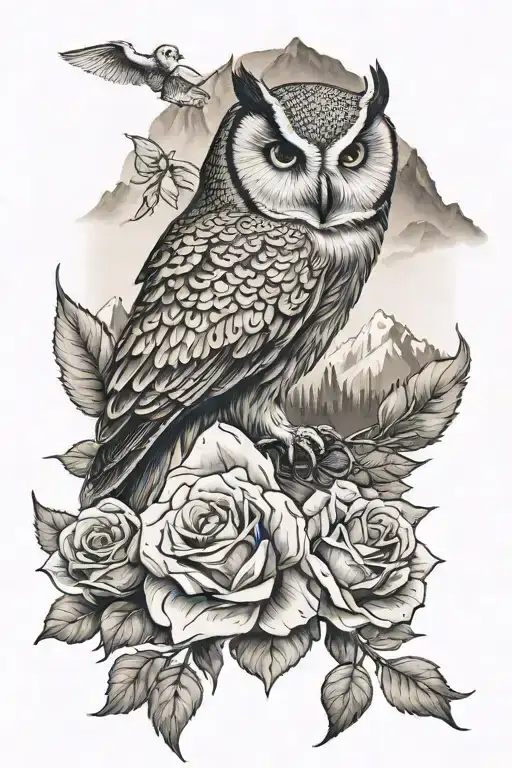 Owl With Roses And Mountains In The Background