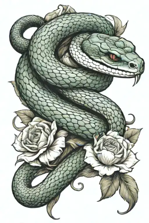 Snake Wrapping Around The Arm With Flowers Intertwined And The Snakes Head Resting On The Chest