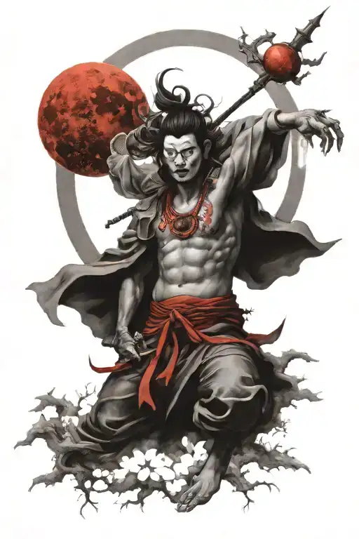 Japanese Moon God Red Moon Surrounded