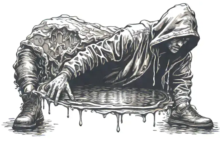 Hooded Guy Staring Into Puddle Seeing Light Shining