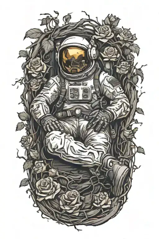 Dead Astronaut Lying Against A Log On The Side Of The Road Wrapped In Vines With Roses And Thorns