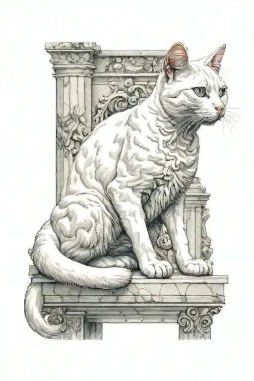 White Cat With Marble Columns Behind It