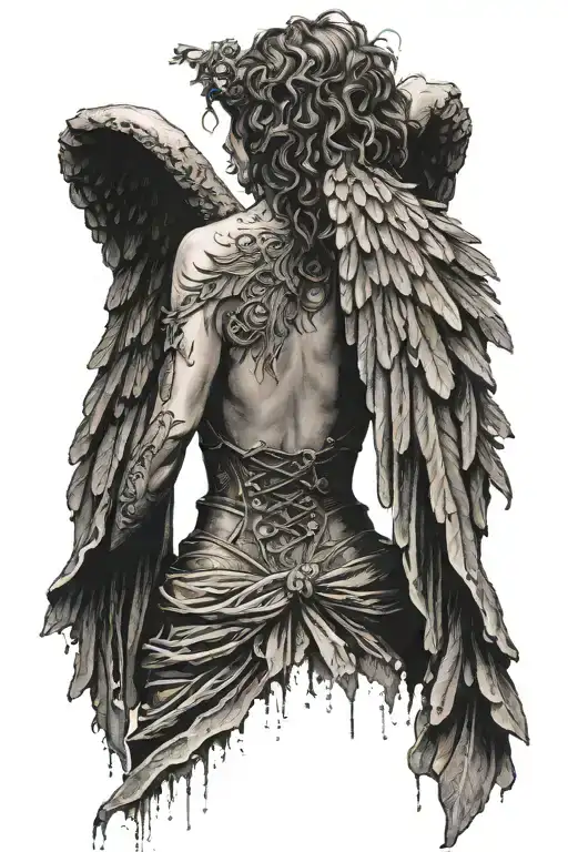 Realistic Dark Angel Tattered Wings Ripped Robe Down Back Facing Away Looking To Left Side