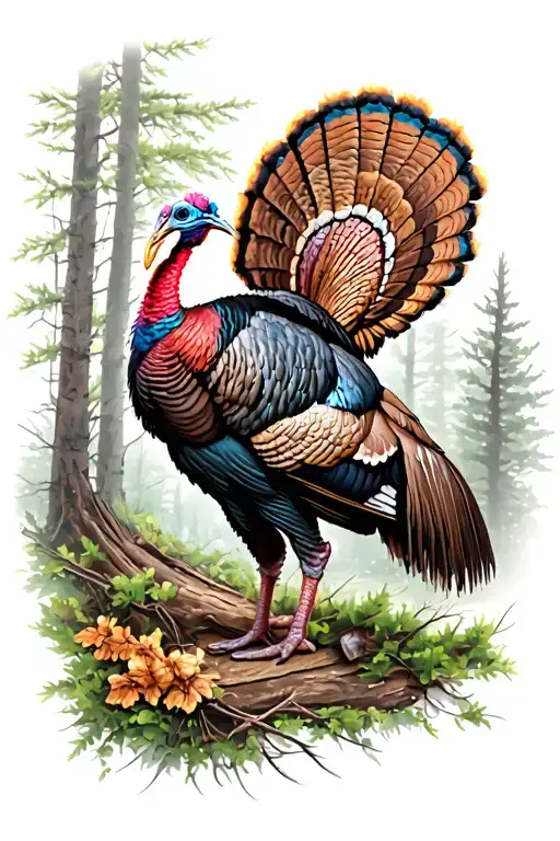 Realistic Turkey Full Strut In Forest Scene