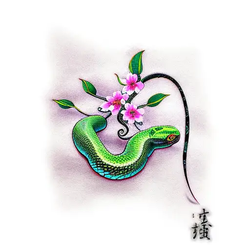 Black Snake With Pink Cherry Blossoms