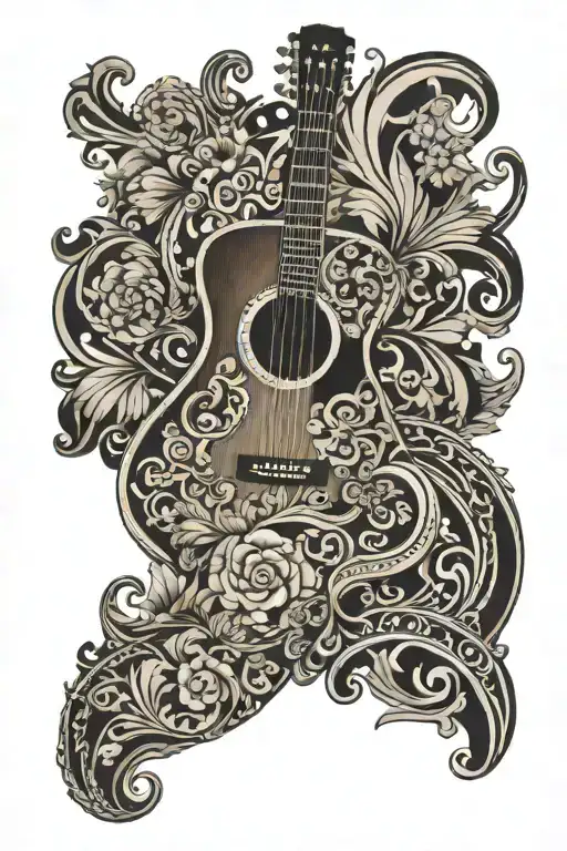 Acoustic Guitar Surrounded By Western Scrollwork Background