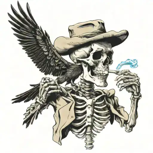 Van Gogh Smoking Skeleton Modernized With Cowboy Hat And Eagle On Shoulder