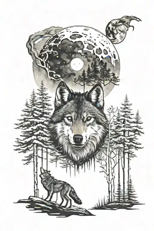 Forest With Wolf With Moon