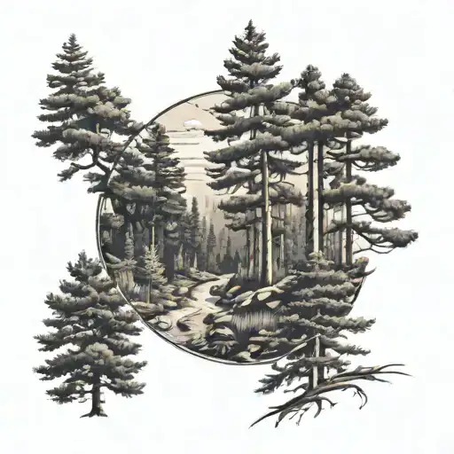 Forest In The Background With Pine Trees On The Sides And A Path In The Center