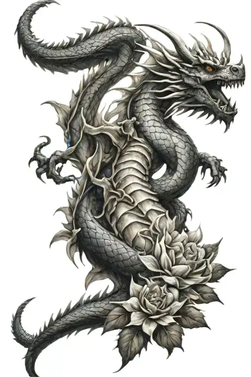 Dragon Breathing Fire On Spine Tattoo With Flowers