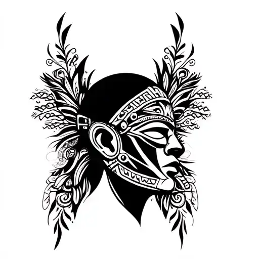 Left Profile Tribal Ritual Mask Surrounded Stylus African Patterns