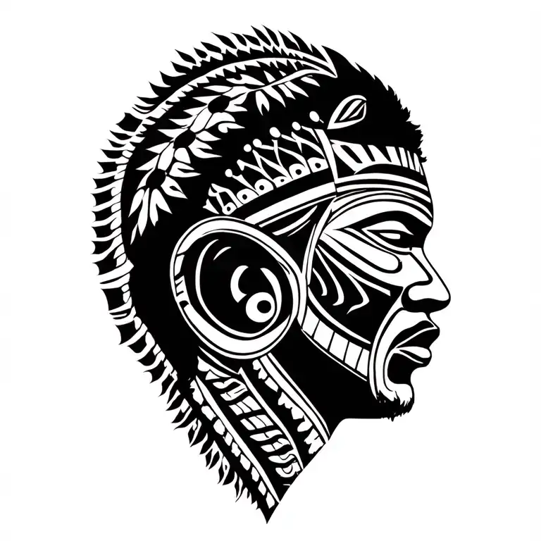 Right Profile Male Tribal Ritual Mask Surrounded Stylus African Patterns