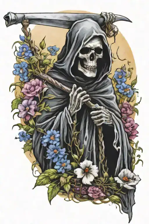 Grim Reaper In A Field Of Watercolor Flowers