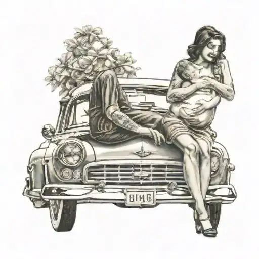 Pregnant Lady Sitting On A Vintage Chevy Car With A Newborn Baby In Her Arms