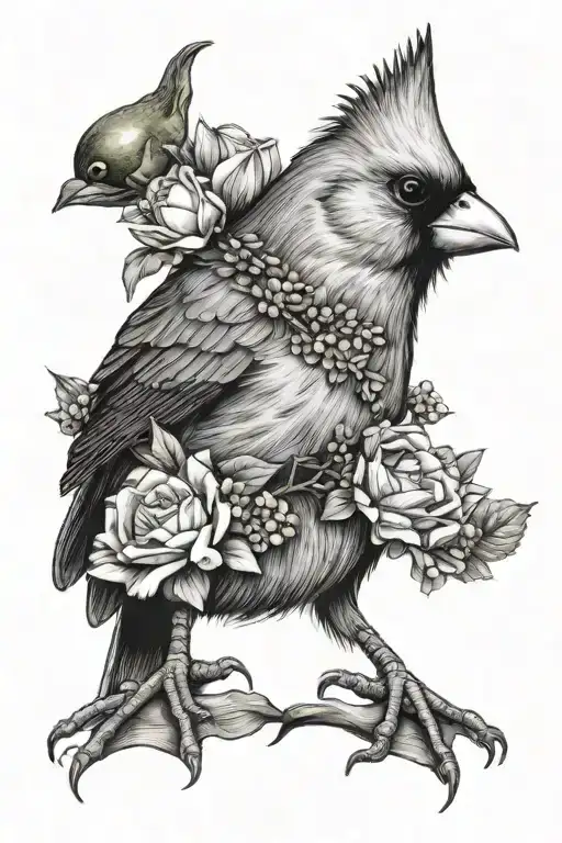 Cardinal With Flowers And A Frog Sitting