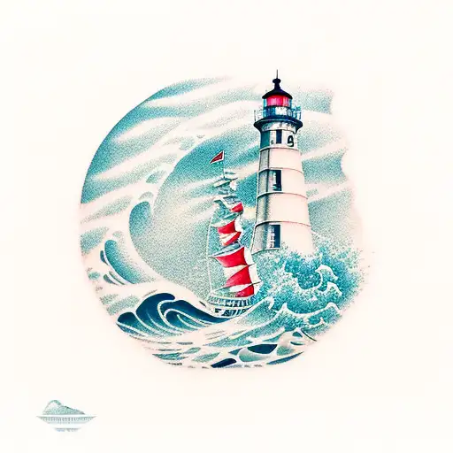 Ship Riding On The Wave Around Lighthouse