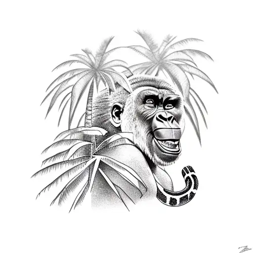 Gorilla With Palm Trees And Snake