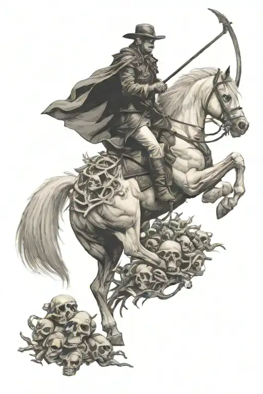 Horsemen Of Death Riding A Horse On Top Of A Bed Of Skulls With A Scythe In One Hand