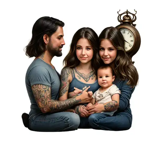 Dad Mama Family Two Daughters And A Baby With Clock