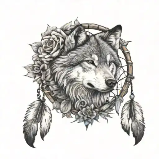 Wolf And Dream Catcher And Flowers