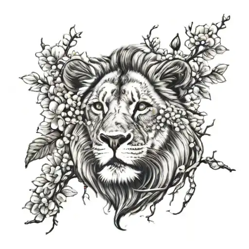 Lion With Cherry Blossom Tree Branches