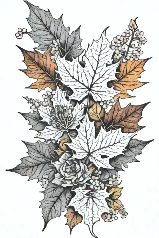 Black And Grey Maple And Oak Leaves With Colorful Wild Flowers