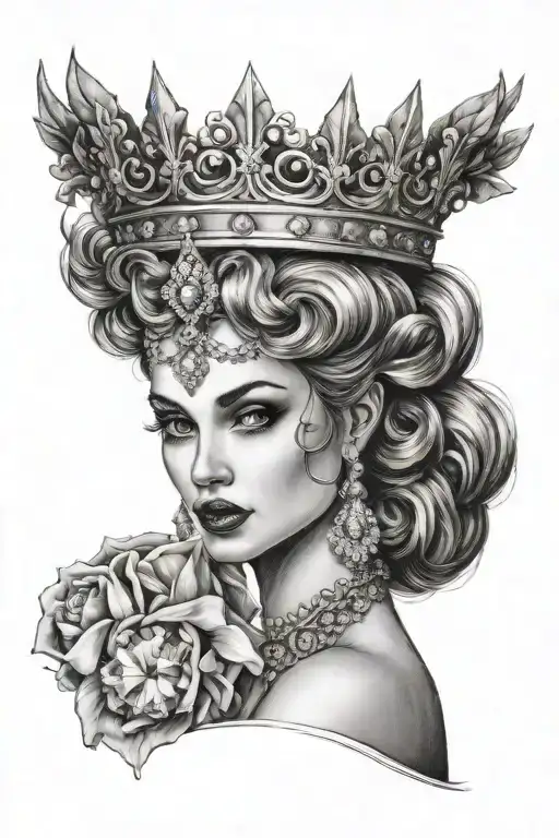 Sensual Lady Head With A Diamond Crown Black And White