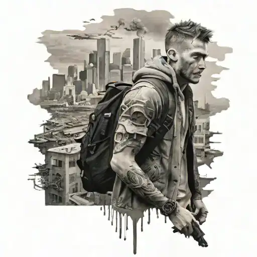 Young Man Abandoned In A Post-apocalyptic City Skyline In The Background