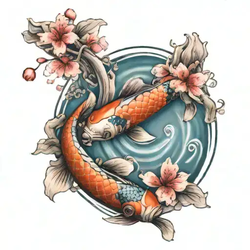 Spiral Koi Fish With Cherry Blossoms