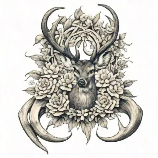 Whitetail Deer Antler Along Side Antelope Horn With Floral Backdrop