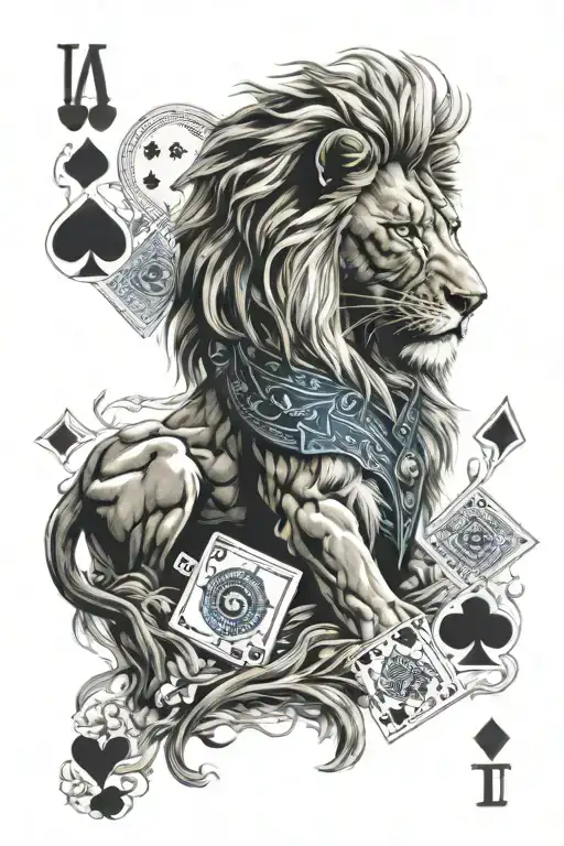 Lion Head Warrior Blue Eyes Front View With A Poker Card Of Ases