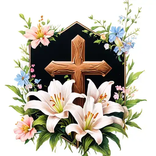 Cross And Flowers Blooming Lily And Wild Flowers