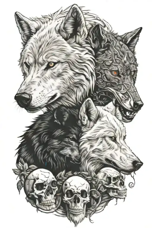White Wolf Black Wolf Facing Each Other With Skull In Between