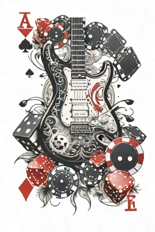 Electric Guitar Poker Chips Playing Cards Dice Scattered