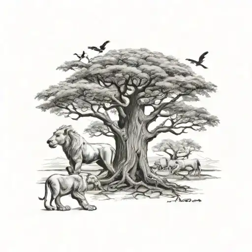 Baobab Tree Mixed With A Cross With 5 Lions