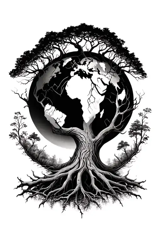 Black And White Yggdrasil World Tree With Nature Background