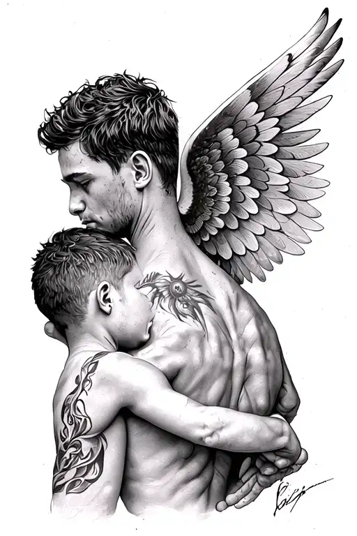 Son On Dad's Neck With A Wing Sticking Out From The Back