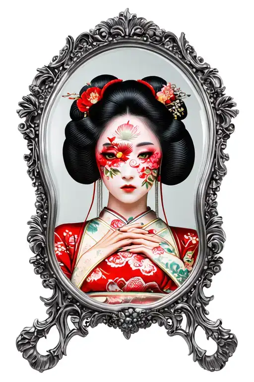 Gothic Style Antique Mirror Reflecting A Geisha Covering Her Face