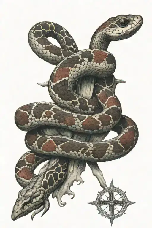 Red And Black Snake Coiled On A Cross