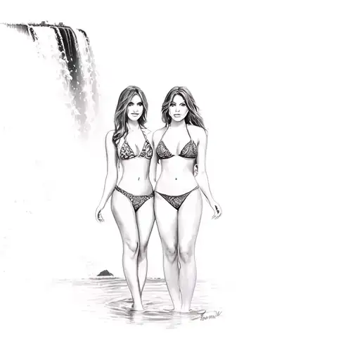 Two Women In Bikinis In Front Of A Waterfall