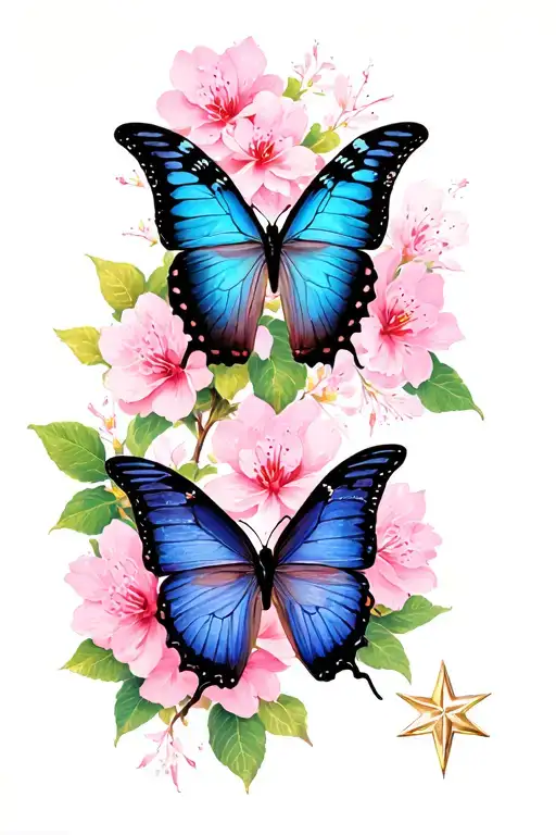 4 Butterfly Ranks With Cherry Blossoms And Star Underneath