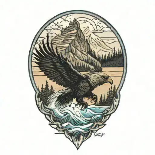 Canadian Wilderness With A Bear And An Eagle Flying And A Salmon Jumping Out Of Water