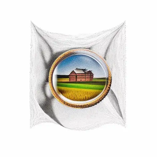 A Color Tattoo Of A Wheat Farm Viewed Through A Beer Glass Shapped Window