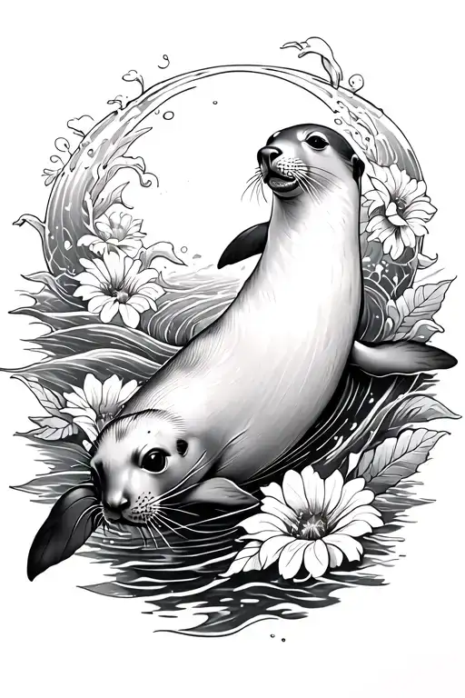 Black And White Fine Line Tattoo Of A Seal Swimming With Waves And Flowers
